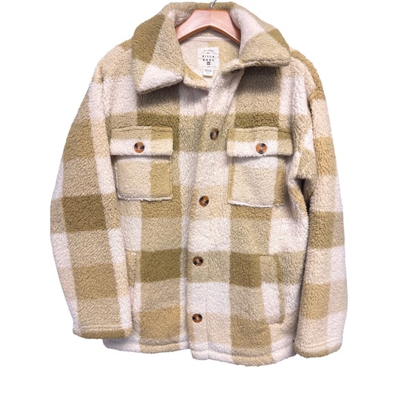 Billabong Jackets & Blazers - Billabong Cream Olive Plaid Sherpa Fleece Shacket Jacket Button Women's Small